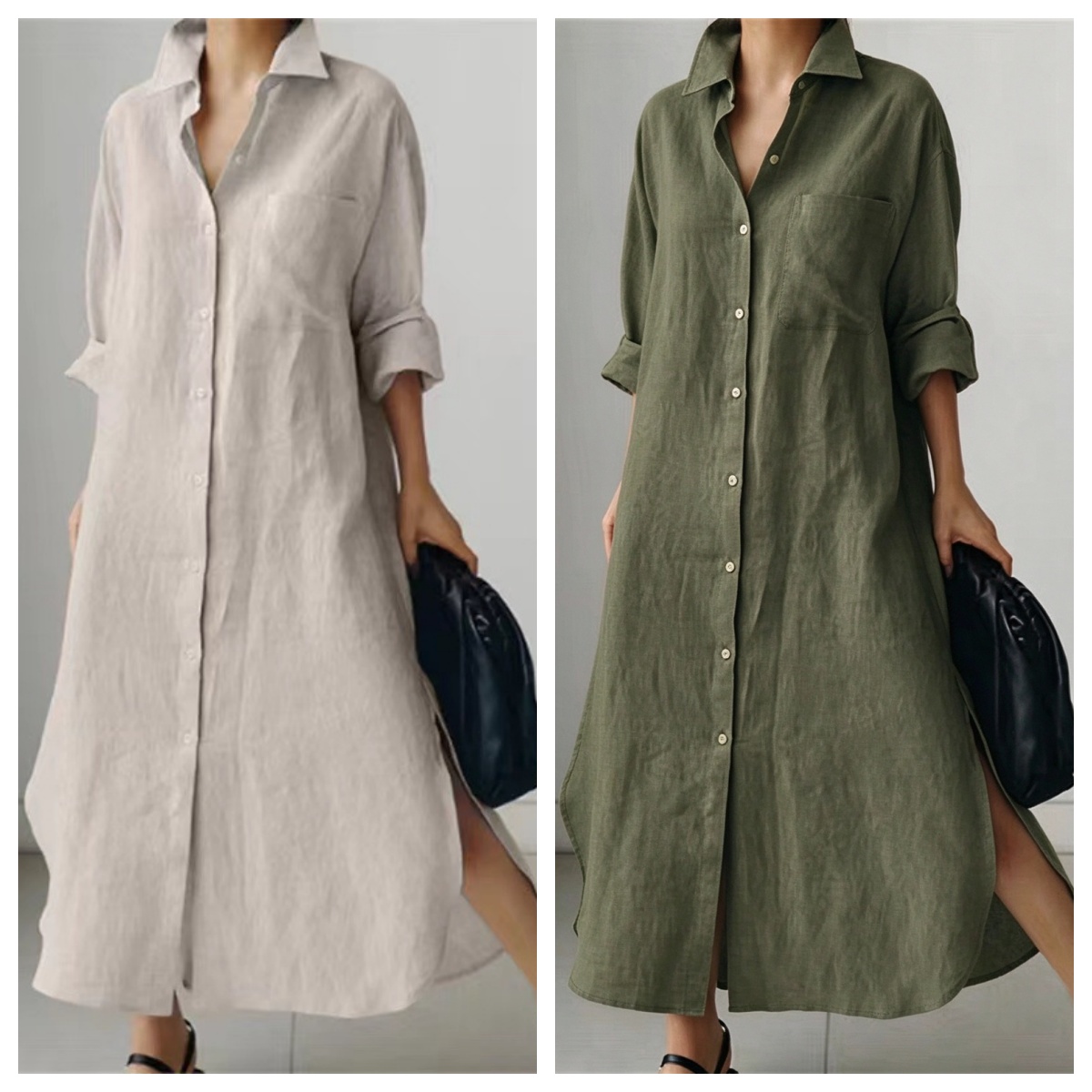 Casual Loose Linen Shirt Dress - Vestido largo elegante con cuello camisero