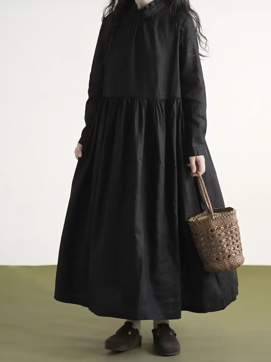 Casual Loose Linen Shirt Dress - Vestido de Lino de Manga Larga