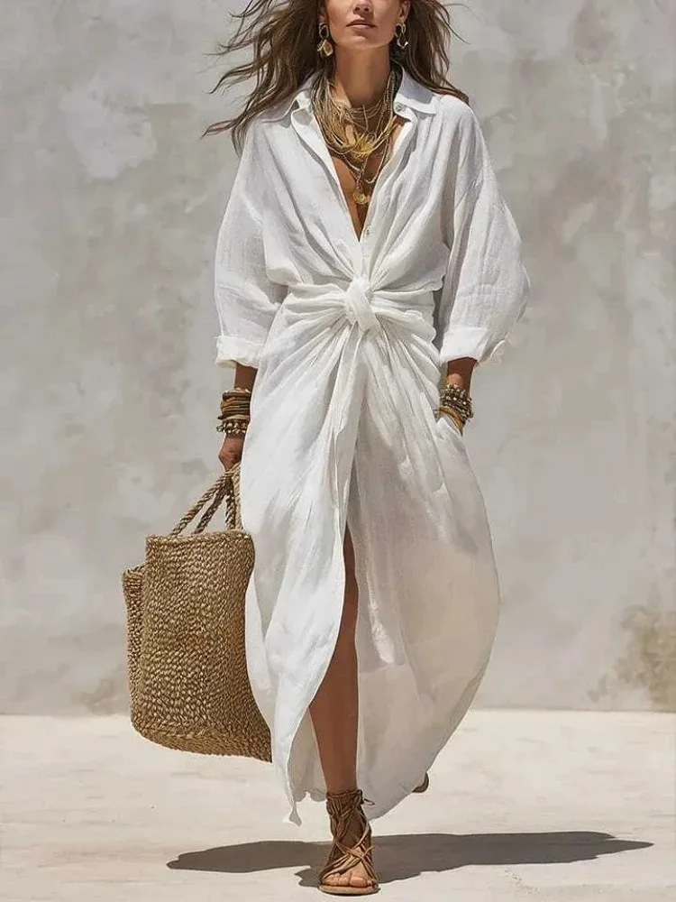 Casual Loose Linen Shirt Dress - Vestido maxi de lino y algodón