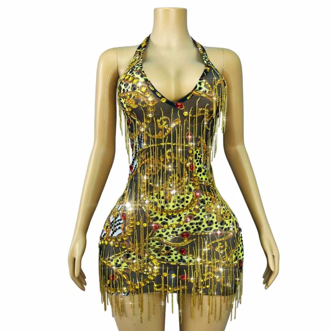 Sparkly Rhinestone Club Party Dress - Minivestido ajustado con cadenas de pedrería