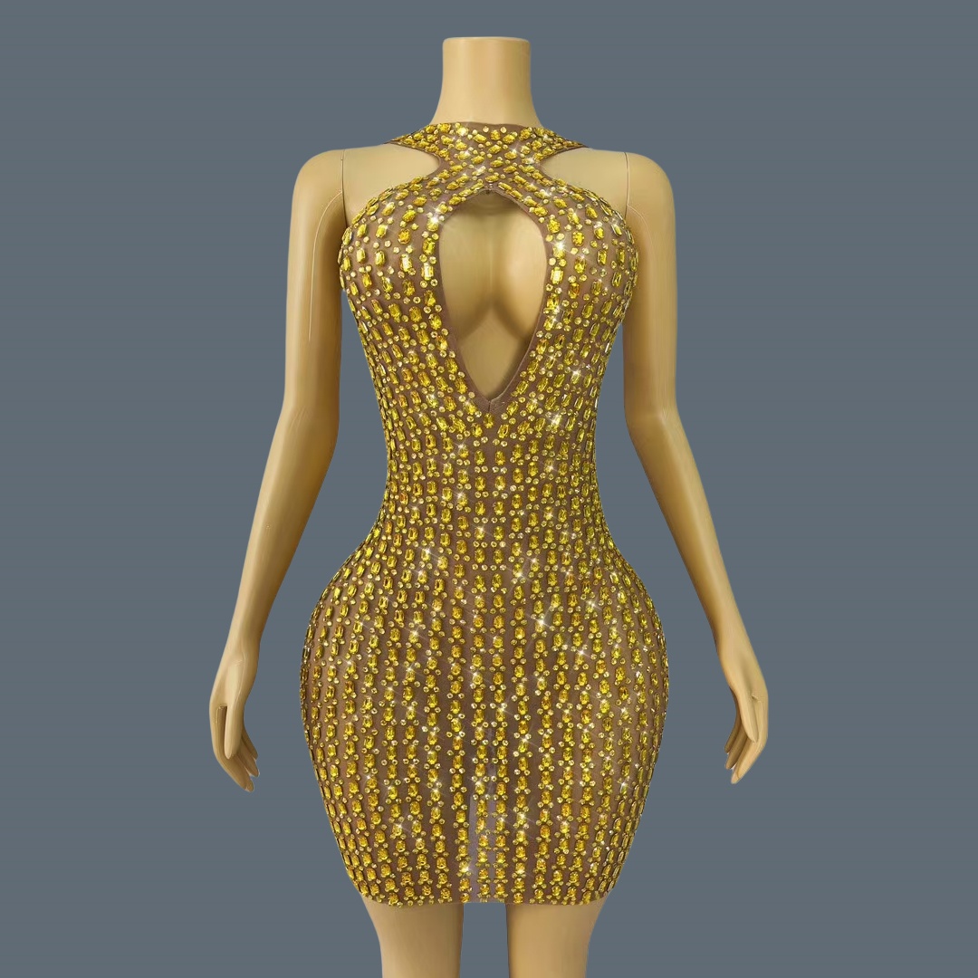 Sparkly Rhinestone Club Party Dress - Nuevo vestido corto sexy con aberturas,