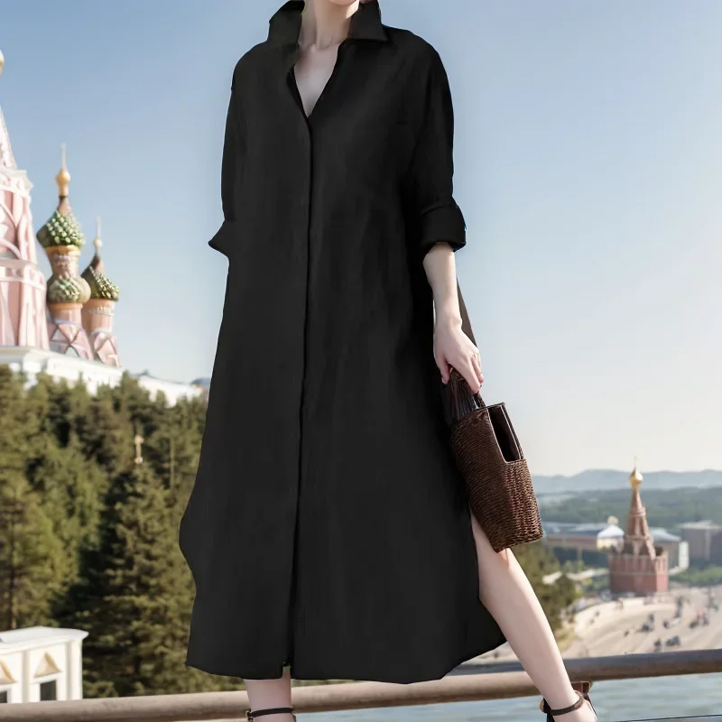 Vestido largo elegante con cue - Casual Loose Linen Shirt Dress reseña y precio