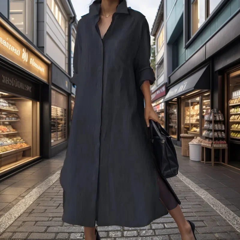 Vestido largo elegante con cue - Casual Loose Linen Shirt Dress reseña y precio