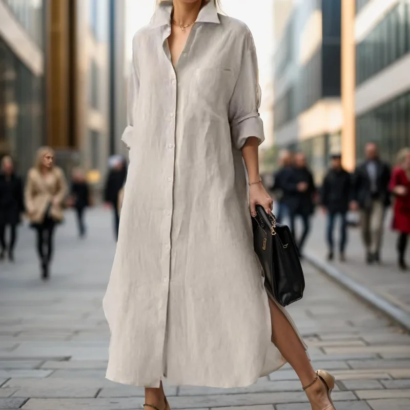 Vestido largo elegante con cue - Casual Loose Linen Shirt Dress reseña y precio