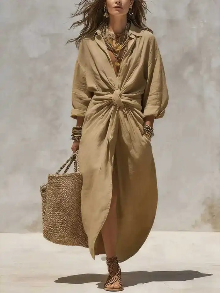 Vestido maxi de lino y algodón - Casual Loose Linen Shirt Dress reseña y precio