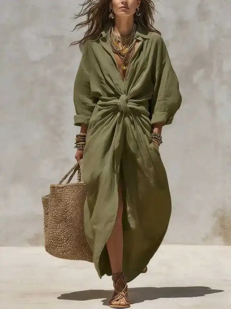 Vestido maxi de lino y algodón - Casual Loose Linen Shirt Dress reseña y precio