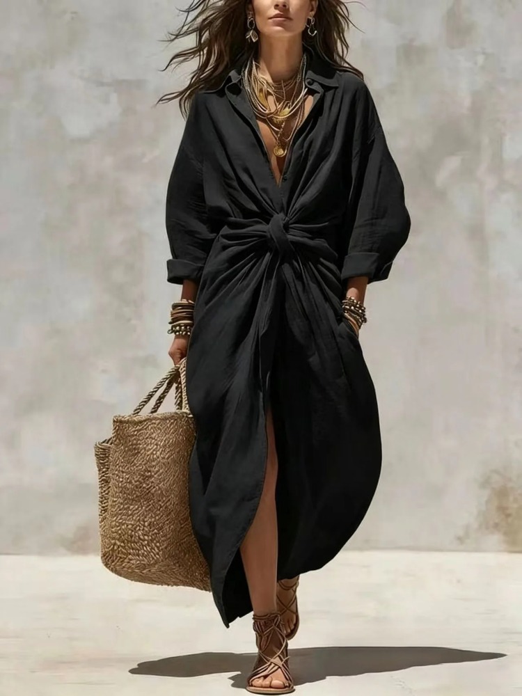 Vestido maxi de lino y algodón - Casual Loose Linen Shirt Dress reseña y precio