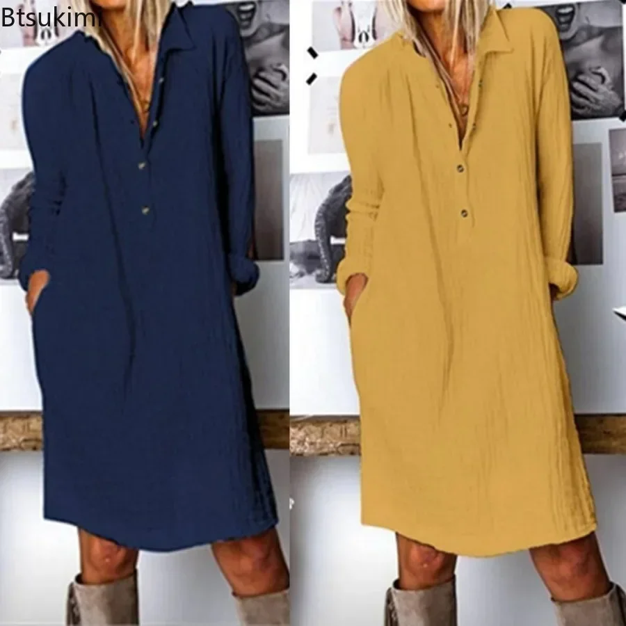 Vestido Casual de Lino y Algod - Casual Loose Linen Shirt Dress reseña y precio